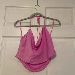 Pink Satin Halter Top w Drape Neckline